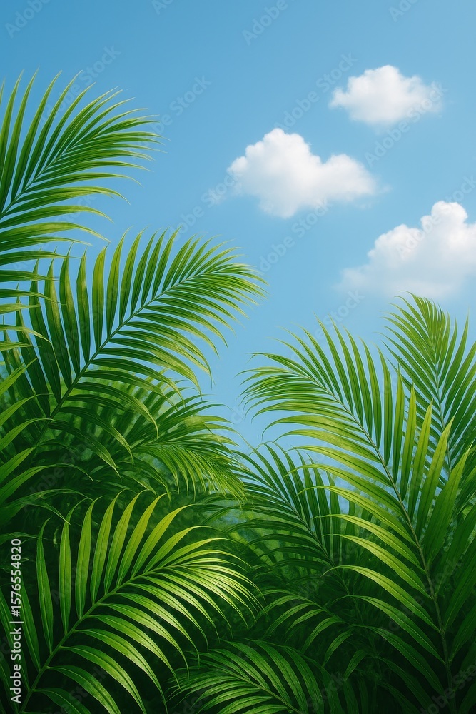 Fototapeta premium Lush Green Palm Leaves Against a Bright Blue Sky on a Sunny Day