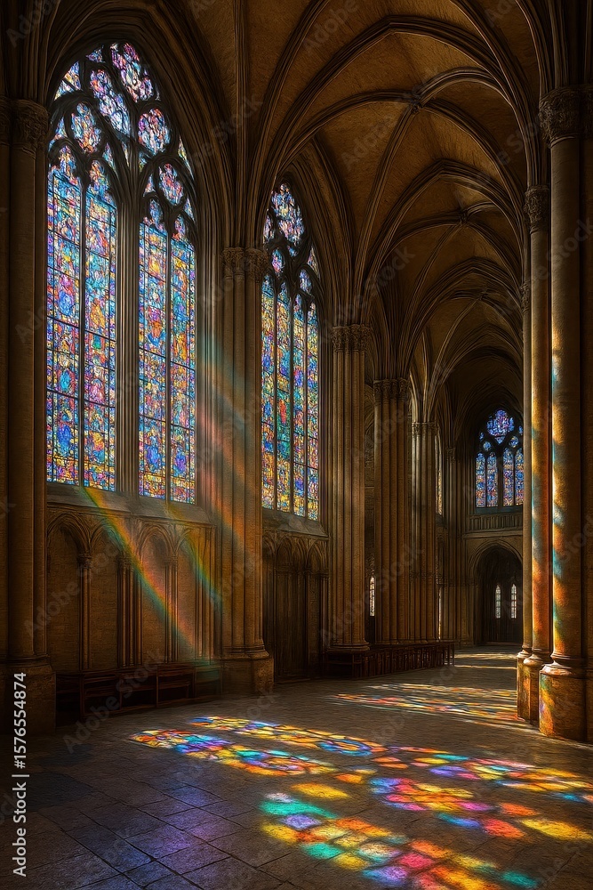 Obraz premium Sunlit Interior of a Grand Gothic Cathedral with Stained Glass Windows