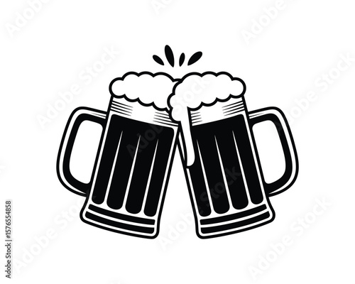 Foamy Beer Glasses Clinking Black and White Vector Graphic