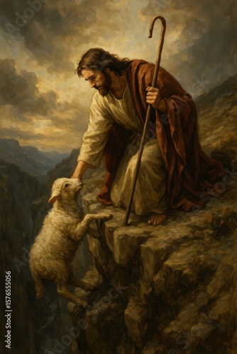 The Good Shepherd Jesus Christ Rescuing a Lost Sheep from a Dangerous Cliff