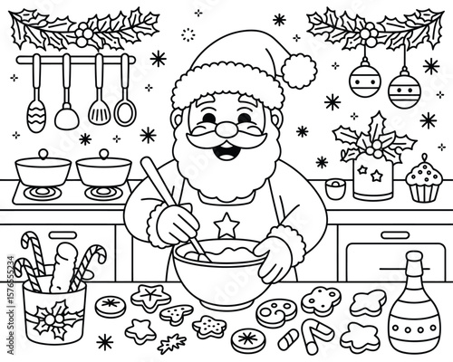 Festive Santa Claus in Kitchen Christmas Coloring Sheet