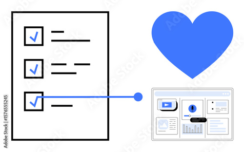Checklist with blue checkmarks linked to a browser interface, alongside a blue heart. Ideal for task completion, productivity, user interface, engagement, organization, workflow, simple flat metaphor