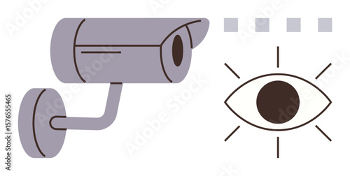 Security camera and eye graphic visualizing observation, protection, monitoring, privacy, and oversight processes. Ideal for safety, cybersecurity, corporate vigilance, privacy policies data