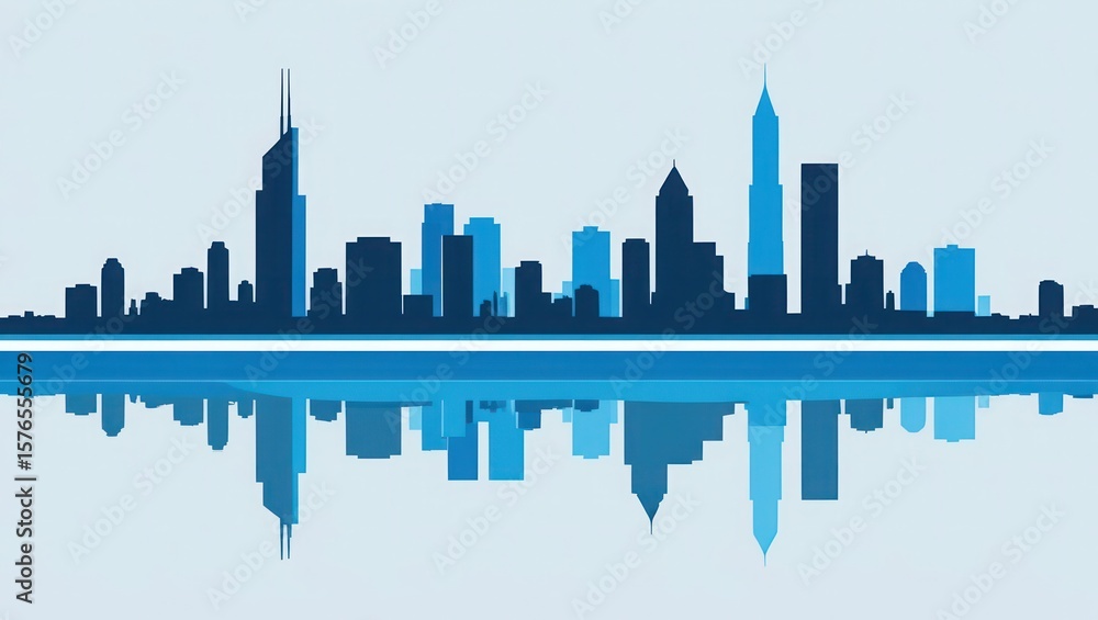 Fototapeta premium A stylized illustration of a city skyline reflected in water, blue tones.