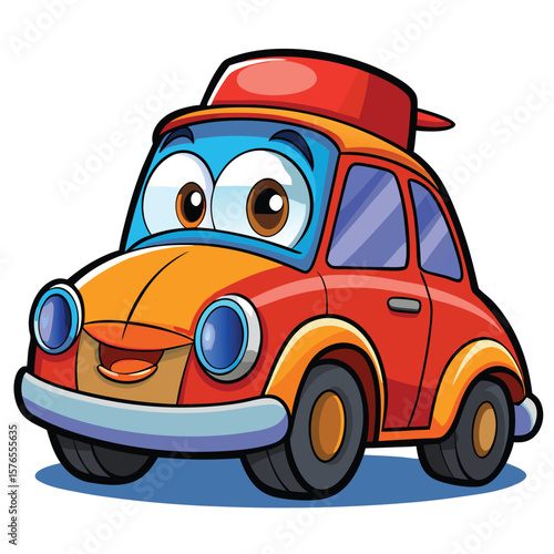 Cartoon car with expressive eyes and a happy face