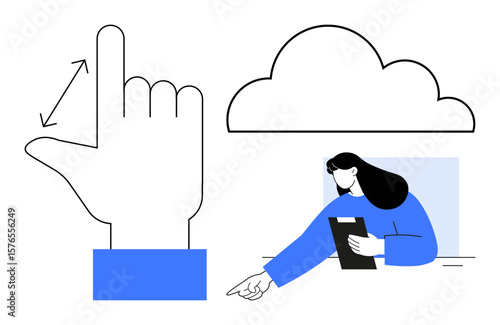 Hand gesture interacting with cloud technology, woman holding a clipboard pointing forward. Ideal for technology, cloud storage, innovation, user experience, data sharing, creativity, simple landing