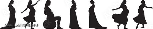 Silhouettes of pregnant women in various poses showcase maternity and motherhood in a modern, elegant style.