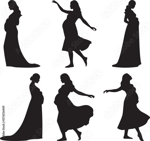 Silhouettes of pregnant women in flowing gowns showcase motherhood and maternal grace in various poses, a symbol of new life.