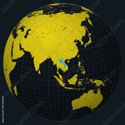 Lao People's Democratic Republic on Globe. Country view on the world map in Charcoal Bright Yellow color palette. Laos shape on map. Globe with meridians, parallels, countries, rivers and lakes.