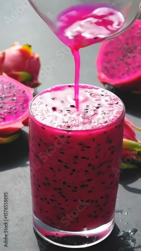 Vibrant pink dragon fruit smoothie with seeds being poured into a clear glass surrounded by fresh pitaya on a tropical background – healthy exotic drink concept