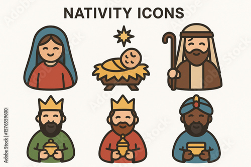 Nativity Characters Icon Set – Vector Christmas Illustrations on White Background