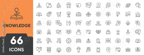 Knowledge Line Icon Set. Set of 66 outline icons including book, brain, idea, research, learning, education, and discovery. Editable stroke. Linear vector illustration.