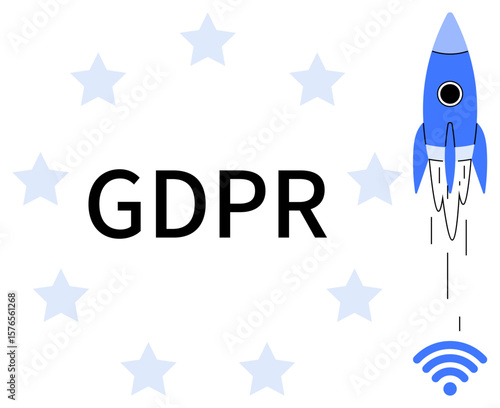 GDPR text surrounded by blue European stars, a blue rocket launching, and a wireless signal. Ideal for privacy, cybersecurity, legislation, compliance, innovation, internet safety simple flat