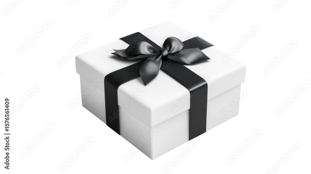 Fototapeta premium A single white gift box with black ribbon isolated on white background 