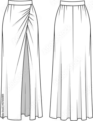 Φωτογραφία Draped slit skirt vector template, front and back fashion sketch, elegant garmen
