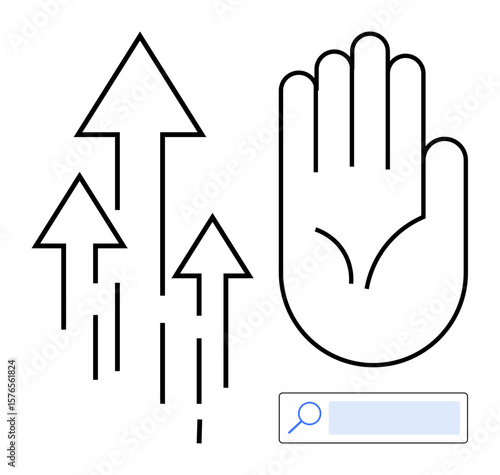 Three upward arrows, an open hand symbolizing support or halt, and a search bar. Ideal for progress, help, growth, navigation, analysis, business decision-making simple landing page