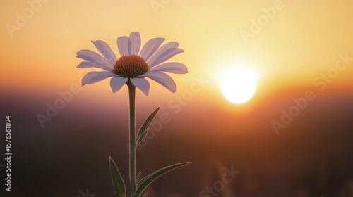 A single daisy against a sunset sky