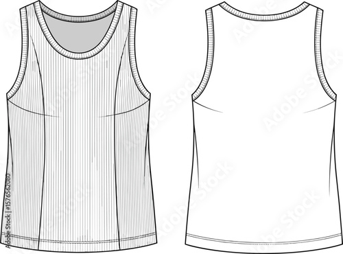 Vector sleeveless tank top template, front and back technical sketch, fashion design outline, fitted athletic wear, apparel mockup, editable clothing layout for rendering