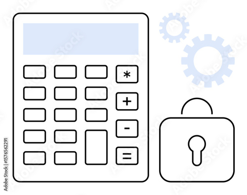 Calculator with numeric keypad, gears for mechanisms, and padlock for security. Ideal for finance, data protection, encryption, accounting, privacy, secure transactions and simple flat metaphor