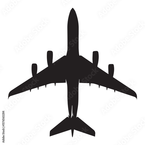 A stark black silhouette of a large modern passenger jet airplane is viewed from directly above against a clean white background showcasing its wingspan and engines