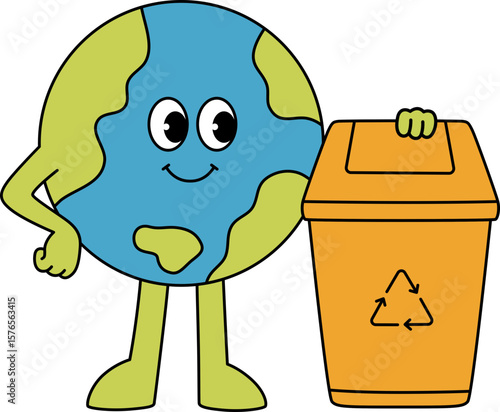 Retro Earth Character with Recycle Bin
