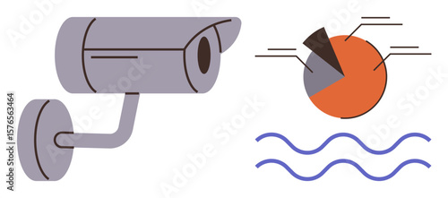 Security camera overseeing analytics represented by a pie chart and waves. Ideal for data monitoring, surveillance, technology, security analysis, trends, reports, simple flat metaphor