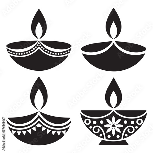 Collection of four stylized black silhouette diya lamps with flames each featuring unique decorative patterns and designs isolated on a white background