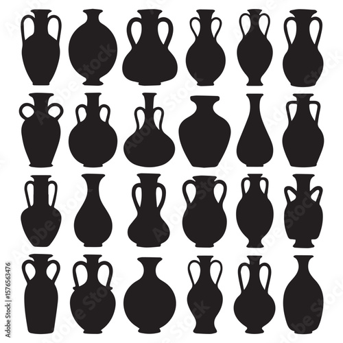 Collection of diverse black silhouette amphorae and vases with handles and various shapes displayed against a clean white background representing ancient pottery and decorative vessels