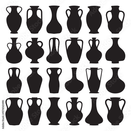 A collection of diverse black silhouette ancient greek amphorae and vases with handles and various shapes displayed against a clean white background