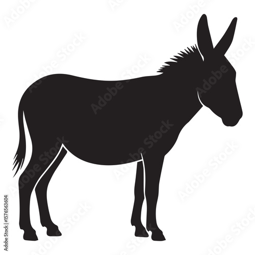 A striking silhouette of a black donkey standing proudly in profile against a clean white background showcasing its distinctive long ears and sturdy build