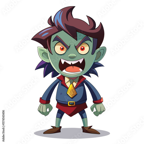 Cartoon monster, green-skinned, wearing a suit, yelling