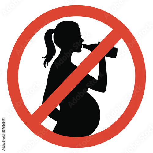 Silhouette of a pregnant woman drinking from a bottle inside a red prohibition sign indicating no alcohol consumption during pregnancy for healthy fetal development