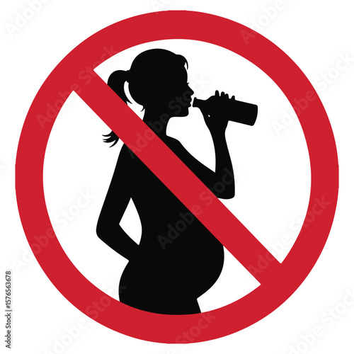 Pregnant woman silhouette drinking from a bottle inside a red prohibition circle signifying no consumption of harmful substances during pregnancy for a healthy baby