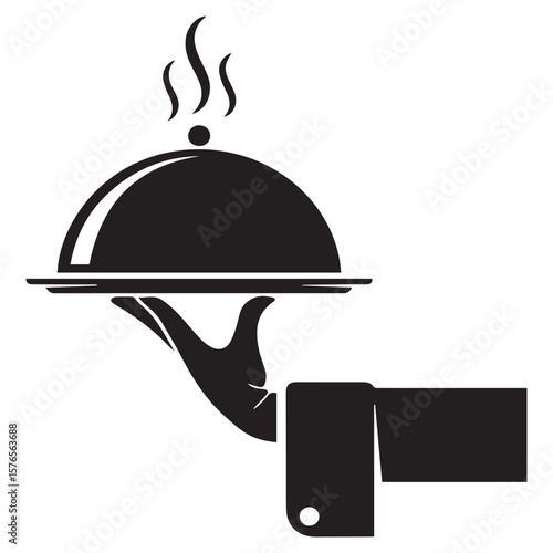 A stylized black silhouette of a hand wearing a white glove holding a silver cloche or serving dome with steam rising signifying a culinary presentation or special meal
