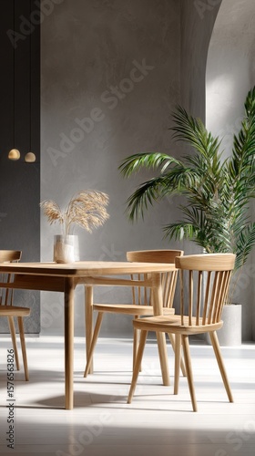 Modern Dining Area With Natural Light and Rustic Decor Elements Enhancing Com...