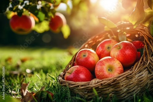 Fresh Red Apples in a Woven Basket Situated on Lush Green Grass Under Warm Su...