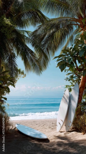 Surfers Prepare for a Day on the Waves at a Tropical Beach Under Palm Trees
