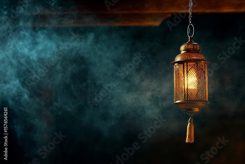 Bronze Lantern Emits Warm Light in Smoky Atmosphere During Evening Hours