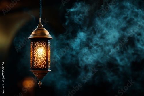 Bronze Lantern Emits Warm Light in Smoky Atmosphere During Evening Hours