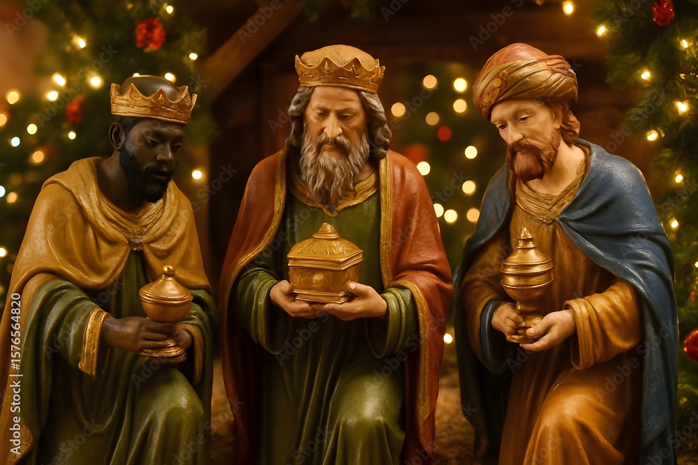 Fototapeta premium Three Wise Men Figurines in Festive Nativity Scene with Warm Christmas Lights and Decorations