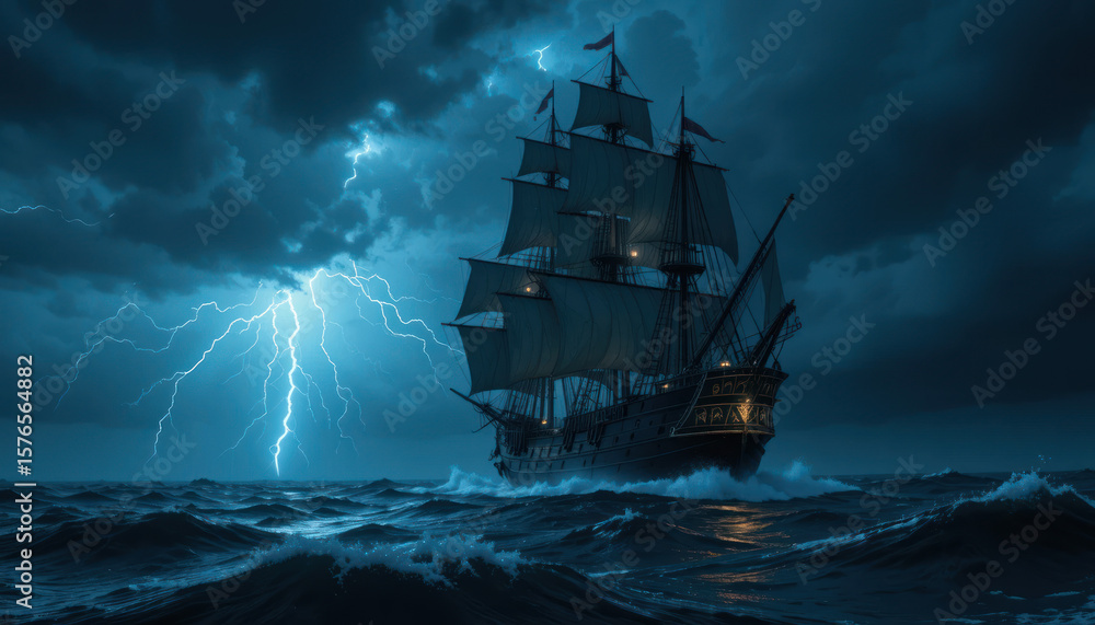 A tall ship sails through a stormy sea under a dramatic sky with lightning strikes. A tall ship sails through a stormy sea under a dramatic sky with lightning strikes.