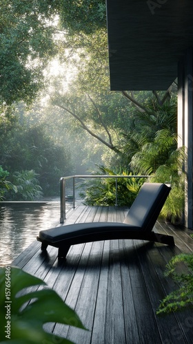 Elegant Lounge Chair by a Tranquil Pool Surrounded by Lush Greenery in a Sere...