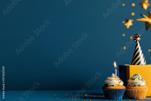 Colorful Birthday Celebration With Cupcakes and Decorations on Blue Background