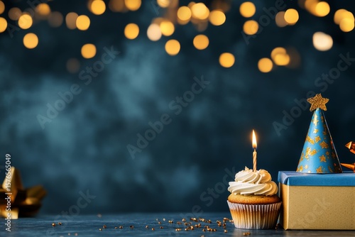 Colorful Birthday Celebration With Cupcakes and Decorations on Blue Background