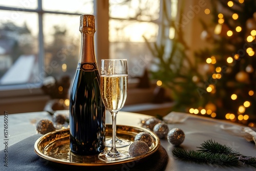 Sparkling Celebration With Champagne and Festive Decor During Sunset Glow