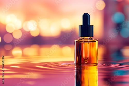 Beautiful Amber Oil Dropper Bottle Reflecting Sunset Colors on Water