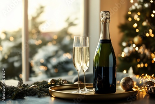 Sparkling Celebration With Champagne and Festive Decor During Sunset Glow