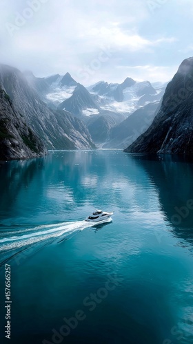 Majestic Landscape With a Boat Gliding Through Tranquil Waters in a Fjord Dur...