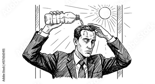 Sketch black and white illustration of a businessman pouring water on himself from a bottle in an office during extreme heat in July and August summer 2025, trying to cool down