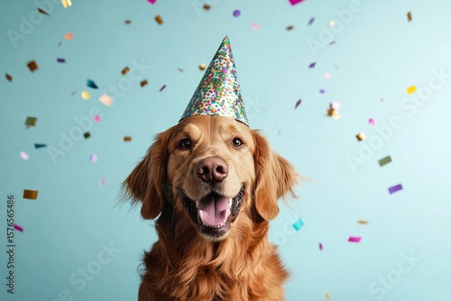 Golden Retriever Celebrates Birthday With Confetti and Party Hat in Festive I...